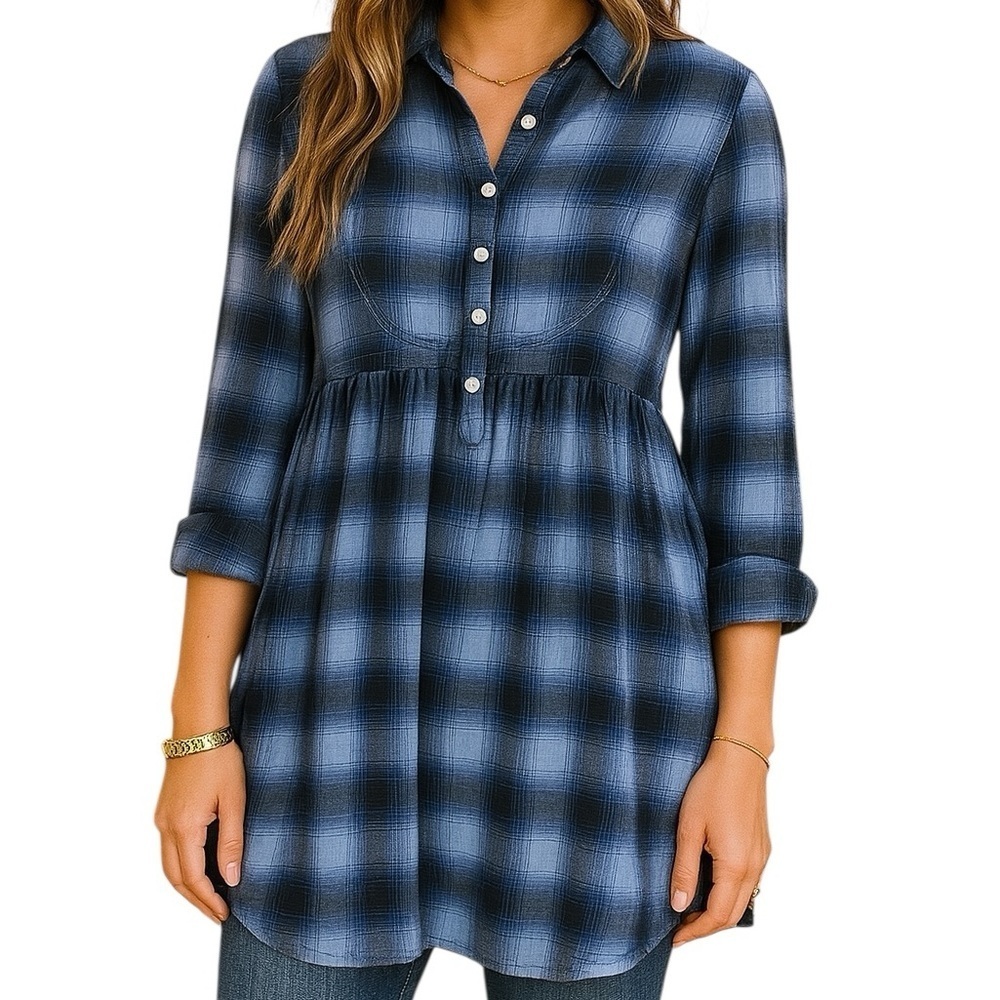 Vintage PINK Large Blue Flannel Long Length Babydoll 90s Victorias Secret Boho